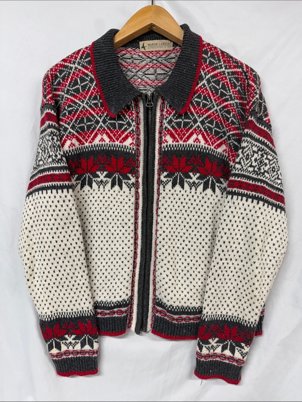 Marsh Landing Women’s Red, Cream & Gray Fair Isle Zip Cardigan